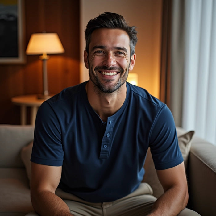 Navy Blue Henley Half Sleeves T-Shirt For Men