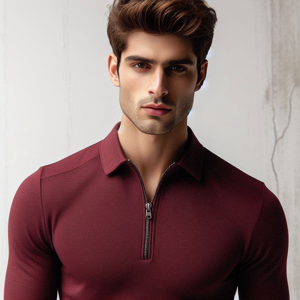 Maroon Collar T-Shirt with Zip