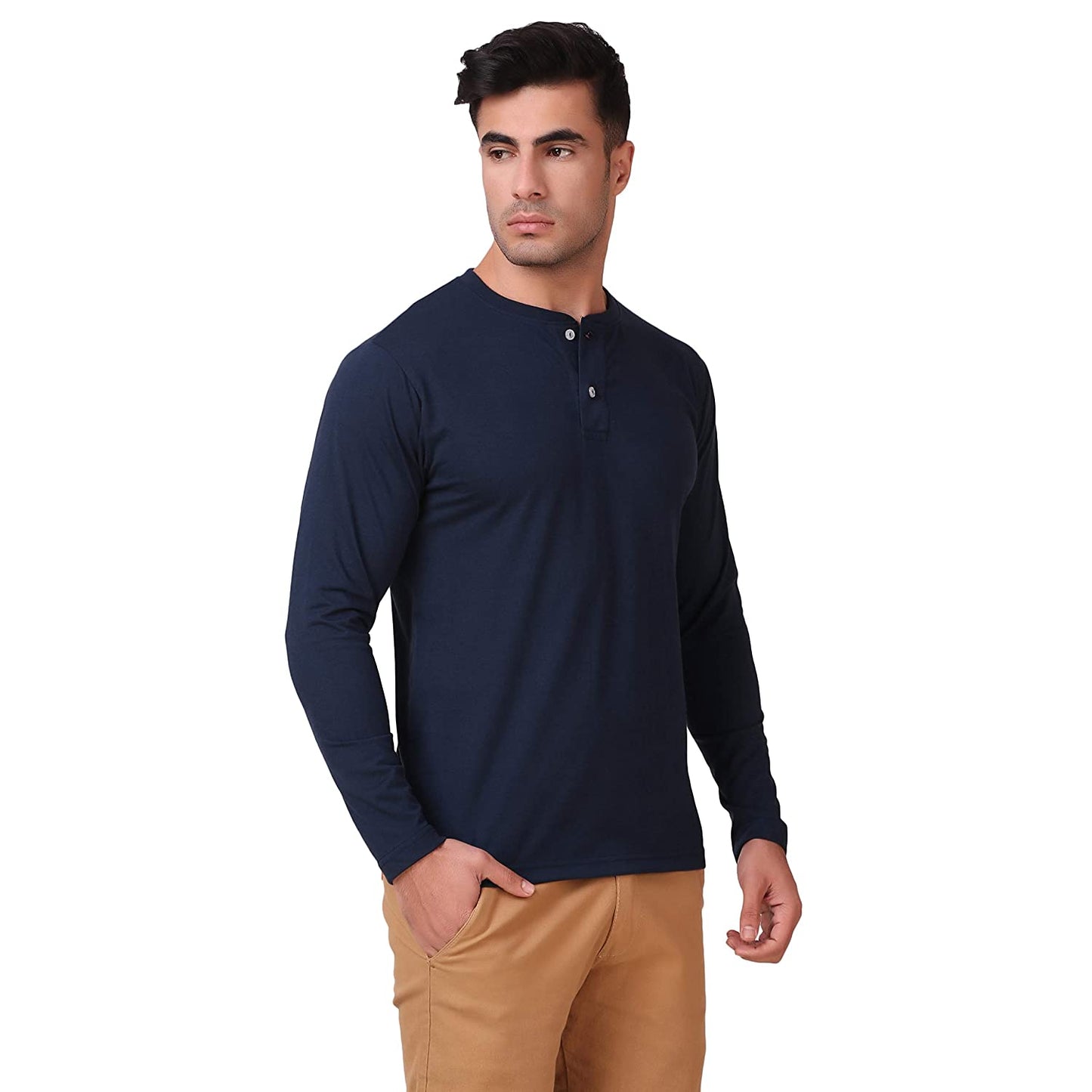 Navy Blue Henley Full Sleeves T-Shirt For Men