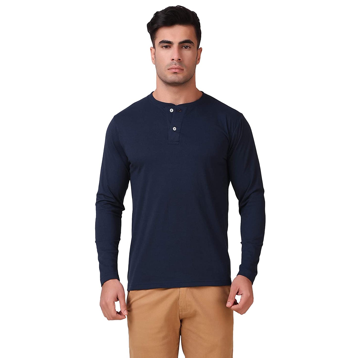 Navy Blue Henley Full Sleeves T-Shirt For Men
