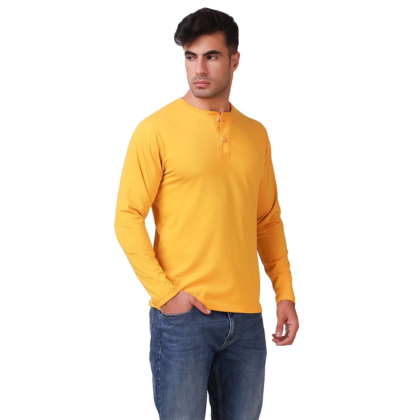 Mustard Henley Full Sleeves T-Shirt For Men